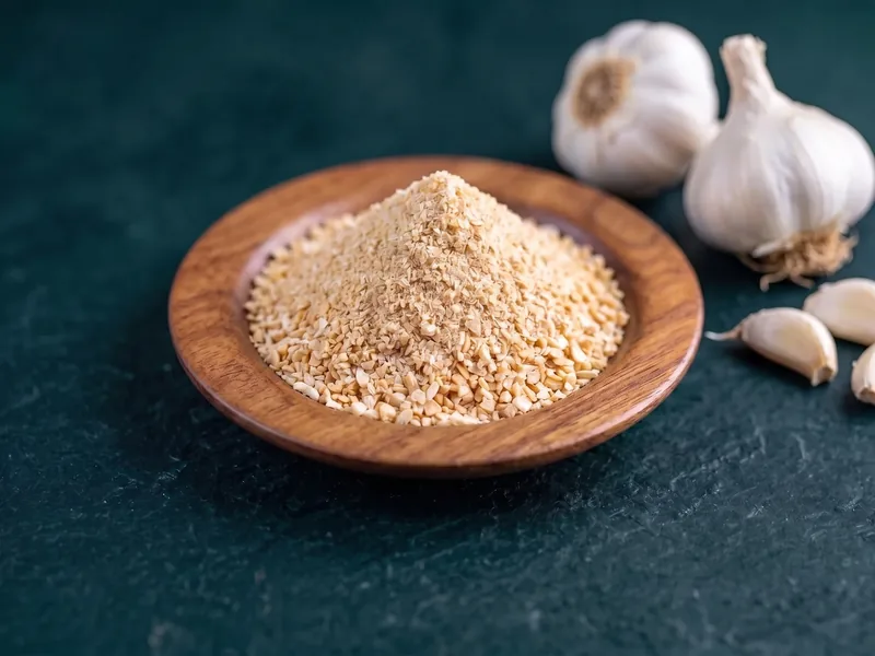 Dehydrated garlic granules in a wooden dish beside whole garlic bulbs and cloves