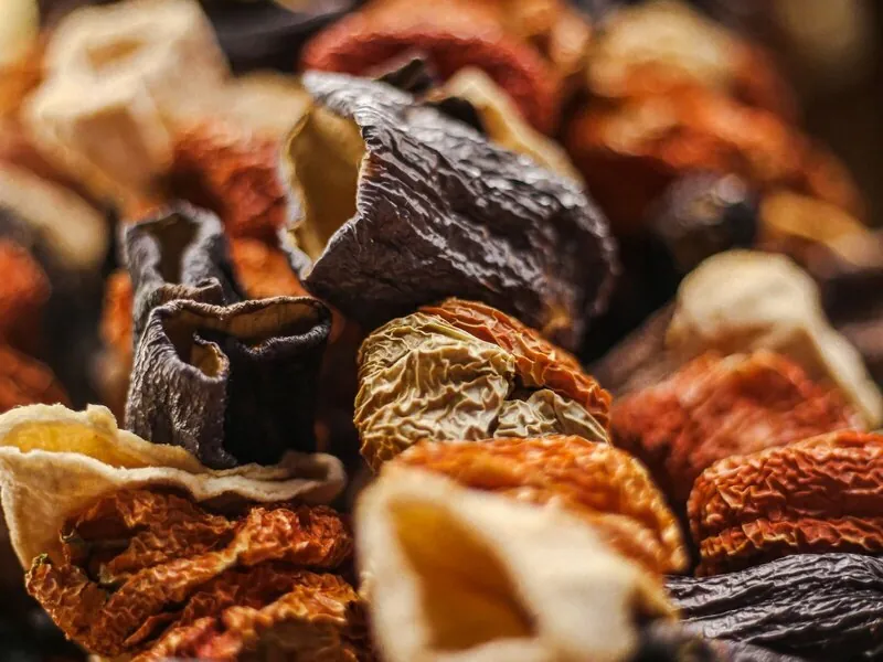 Assorted dried vegetable pieces showing colour and texture