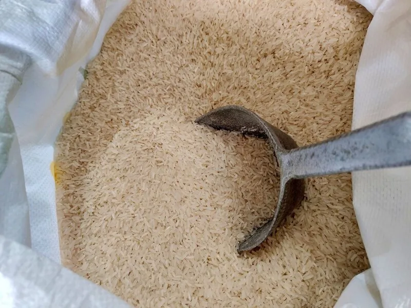 Milled rice in an open bag with a metal scoop